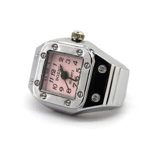 Каблучка-годинник unisex зі срібного металу з рожевим квадратним циферблатом, розмір 16-22