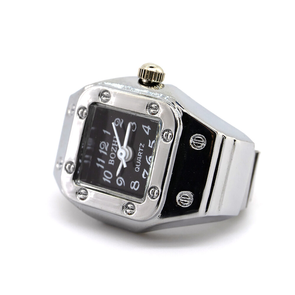 Каблучка-годинник unisex зі срібного металу з чорним квадратним циферблатом, розмір 16-22