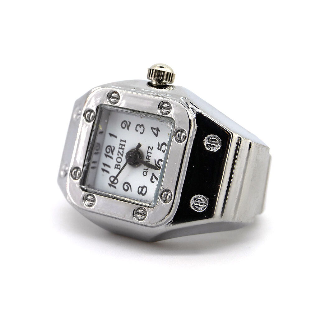Каблучка-годинник unisex зі срібного металу з білим квадратним циферблатом, розмір 16-22